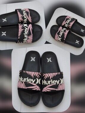 Hurley Black Slides with Pink Palm Pattern Size 7
